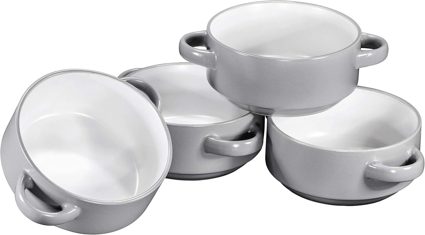 Large 19 Oz Ceramic Soup Bowls with Handles - Set of 4 Stylish Grey French Onion Crocks for Serving, Cereal, or Home Décor