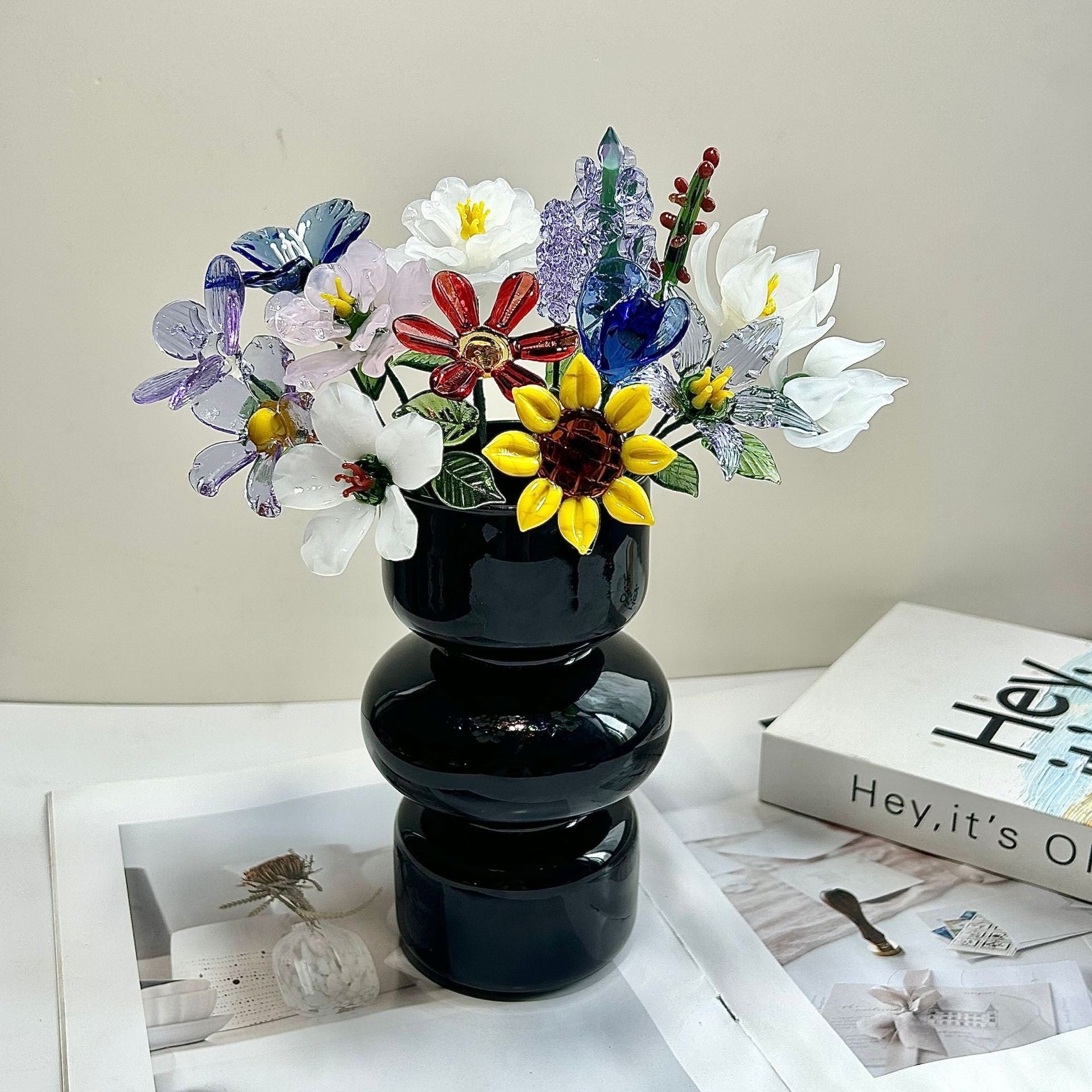 Glass Birth Flower Sculpture with Iron Wire Stem – Handmade Monthly Floral Home Décor