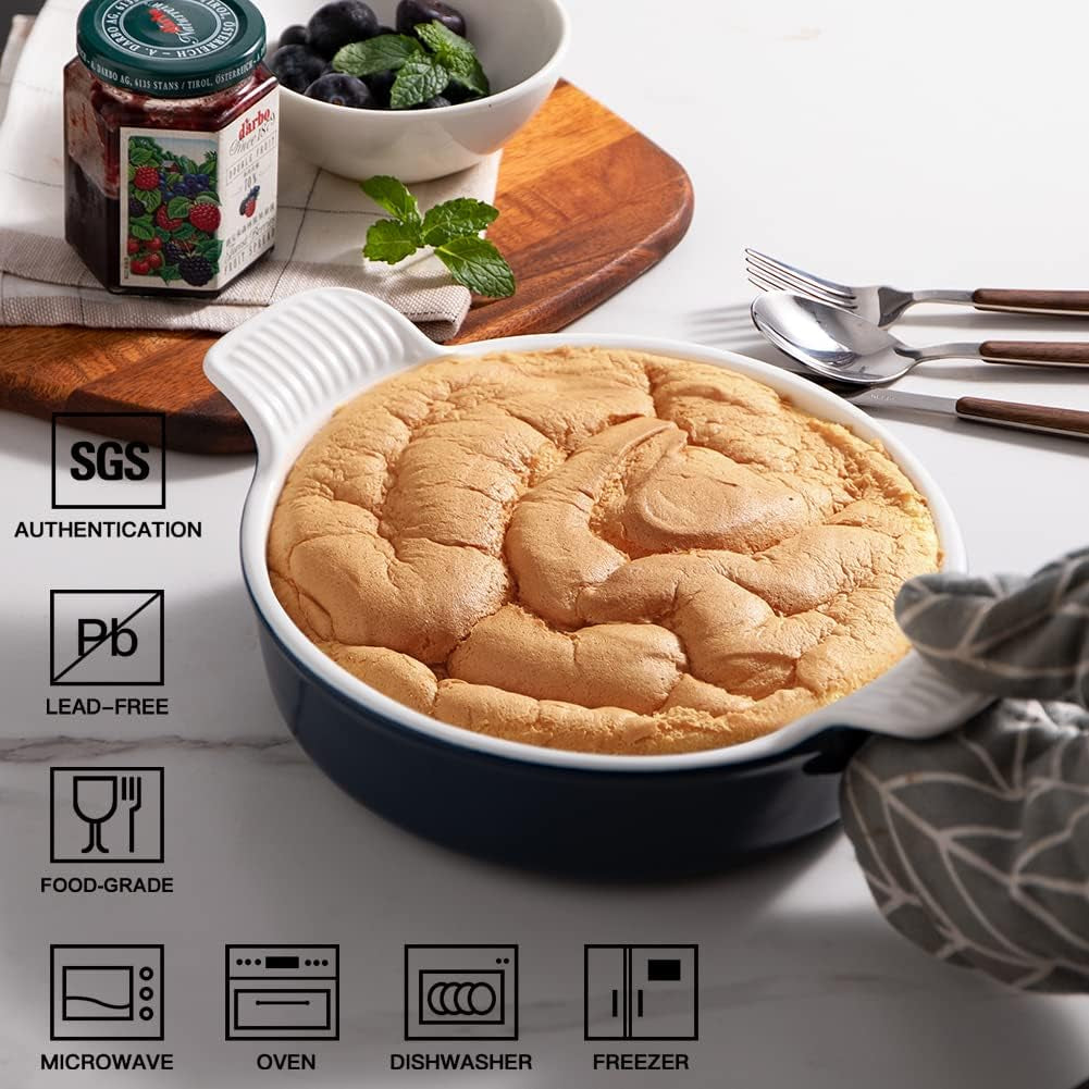 Elegant Navy Ceramic Baking Dish - 8-Inch Round Cake Pan with Double Handles for Perfect Brownies, Casseroles & Lasagna - Ideal for Family Dinners