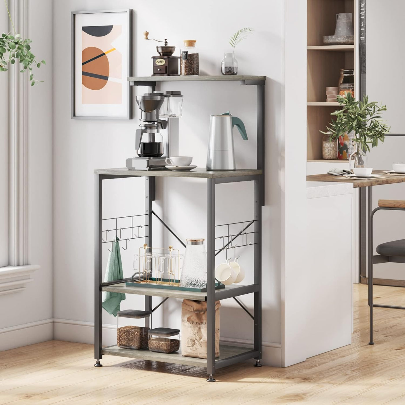 Versatile Kitchen Bakers Rack with Wheels - Microwave Stand & Utility Storage Shelf with 10 Hooks and Adjustable Feet