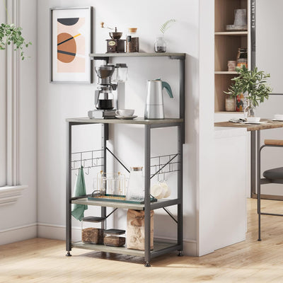 Versatile Kitchen Bakers Rack with Wheels - Microwave Stand & Utility Storage Shelf with 10 Hooks and Adjustable Feet