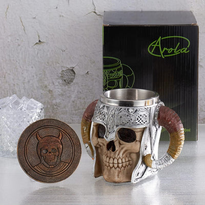 Stainless Steel Viking Skull Mug & Coaster Set - Double Handle Horn Tankard for Beer, Coffee & Beverages - 17oz Medieval Drinkware