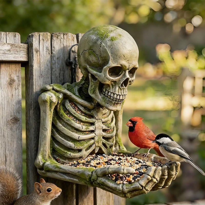Resin Bigfoot Sasquatch bird feeder in outdoor garden setting, weather-resistant wildlife décor with three design options.