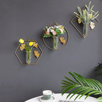 Golden iron wall-mounted hydroponic vase by Cavira, Scandinavian glass bud vase hanging for living room, bedroom, home decor.
