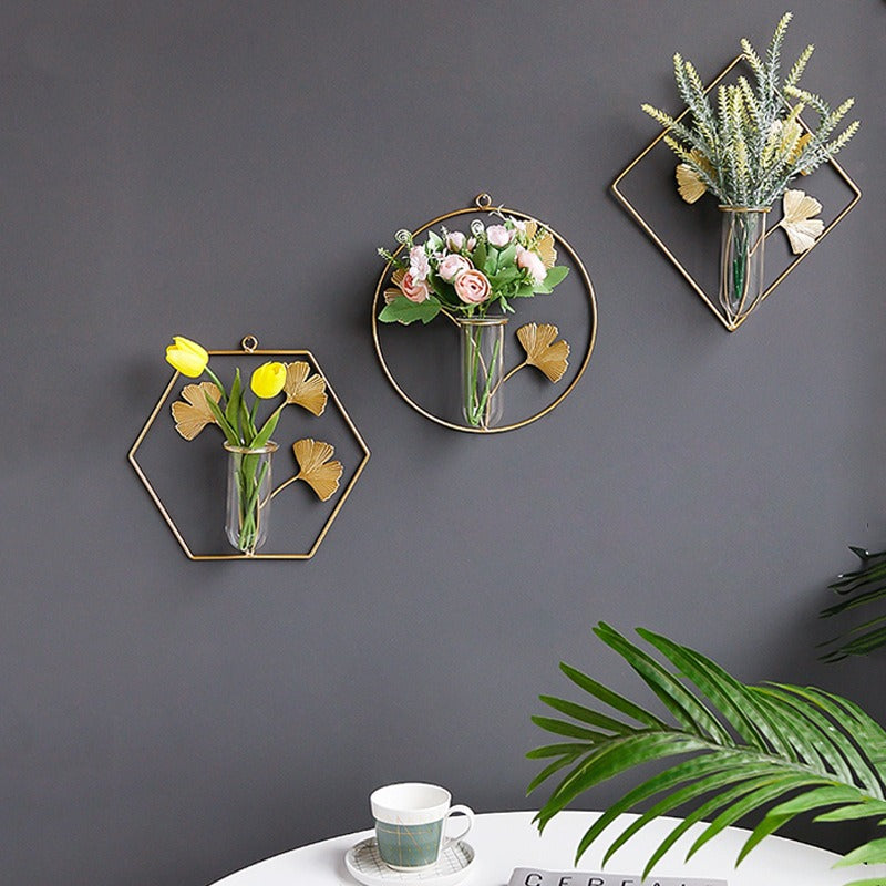 Golden iron wall-mounted hydroponic vase by Cavira, Scandinavian glass bud vase hanging for living room, bedroom, home decor.