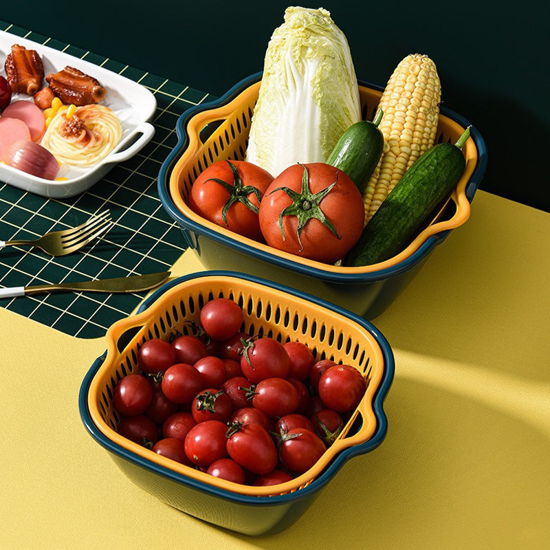 Cavira 6-piece plastic kitchen drain basket set with large, medium, and small double-layer vegetable washing and drainage baskets
