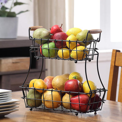 Stylish 2-Tier Black Metal Wire Basket for Fruits and Bread - Perfect Countertop Organizer!