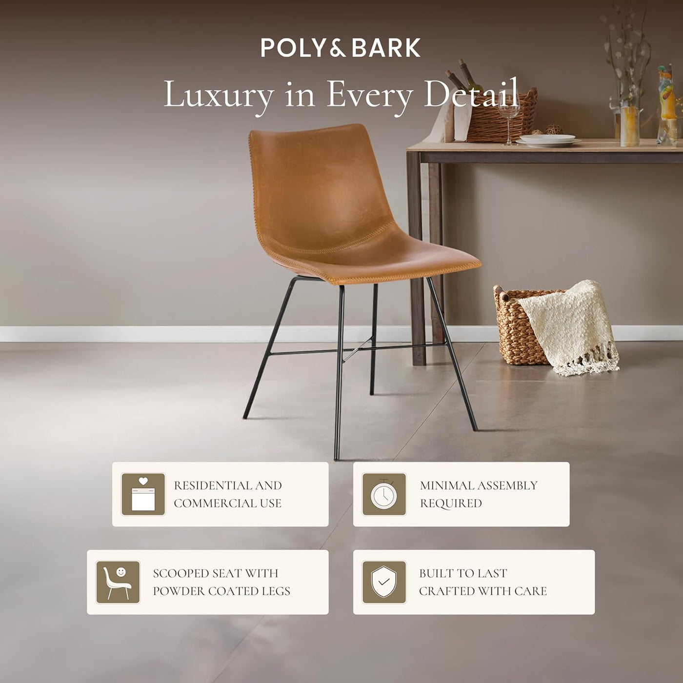 Stylish Paxton Tan Leather Dining Chairs - Set of 2 Modern Low Back Essentials with Comfortable Faux Leather Upholstery and Sleek Matte Black Steel Base