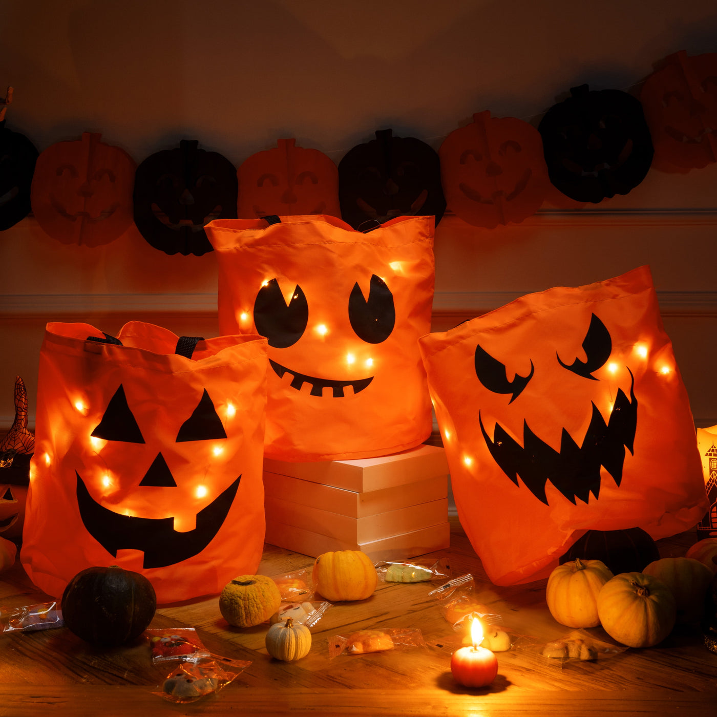 3 PCS Halloween Candy Bag,Led Light Pumpkin Candy Buckets for Kids,Halloween Trick or Treat Bucket with Pumpkin Smile Face for Halloween Party Favors Goodie Bags