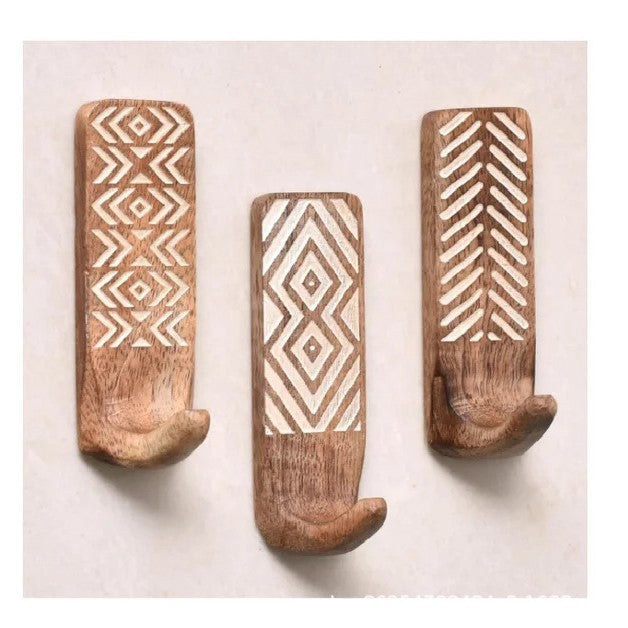Set of 3 Cavira modern minimalist wood and bamboo single hooks for bedroom, entryway, or wardrobe, rated for 2kg load.