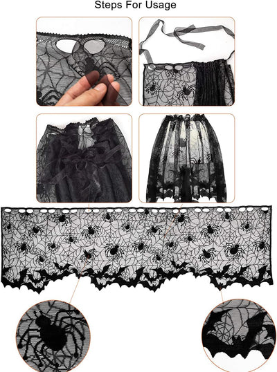 Aritiflr 3 Pack Halloween Decorations, Black Lace Party Decor, Spider Web Fireplace Mantel Scarf Cover, Spider Web Table Topper Tablecloth, Halloween Lamp Shade