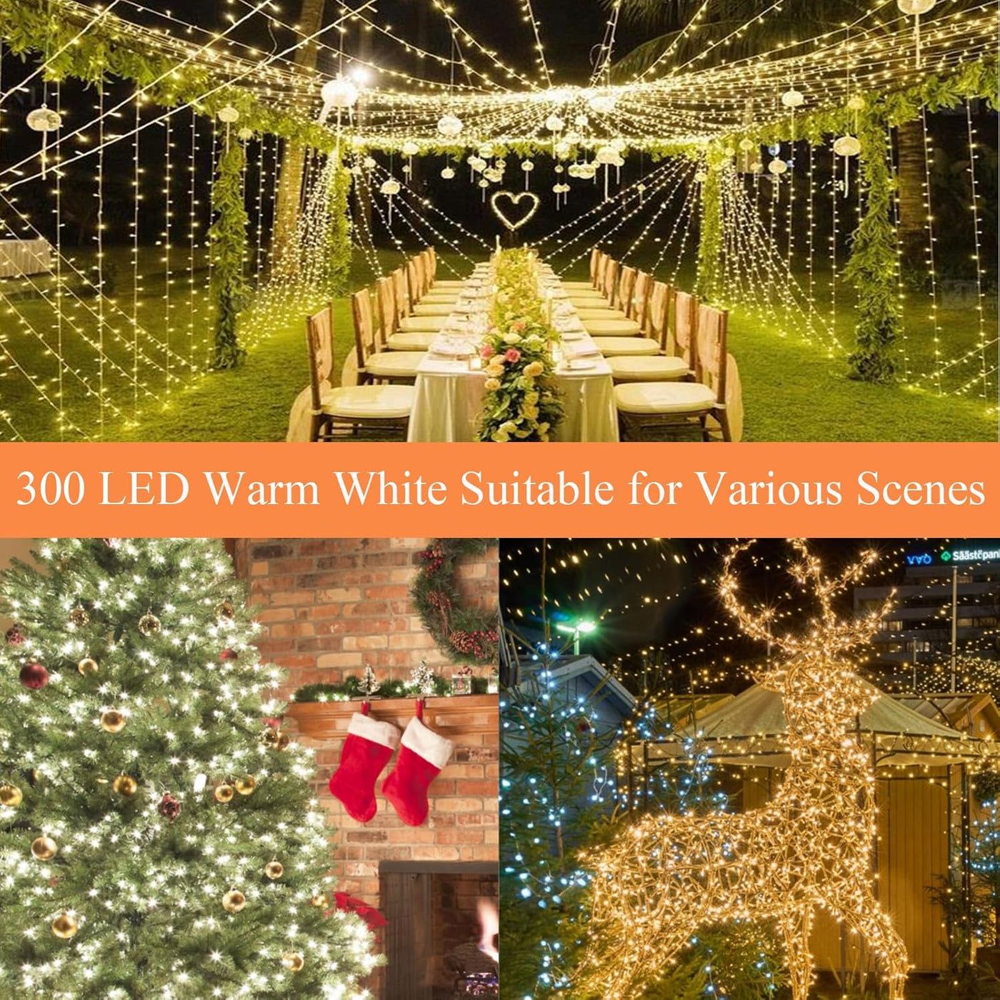 115FT 300LED Warm White Waterproof Christmas String Lights - 8 Modes Clear Wire Twinkle Lights for Indoor/Outdoor Garden, Bedroom, and Tree Decorations