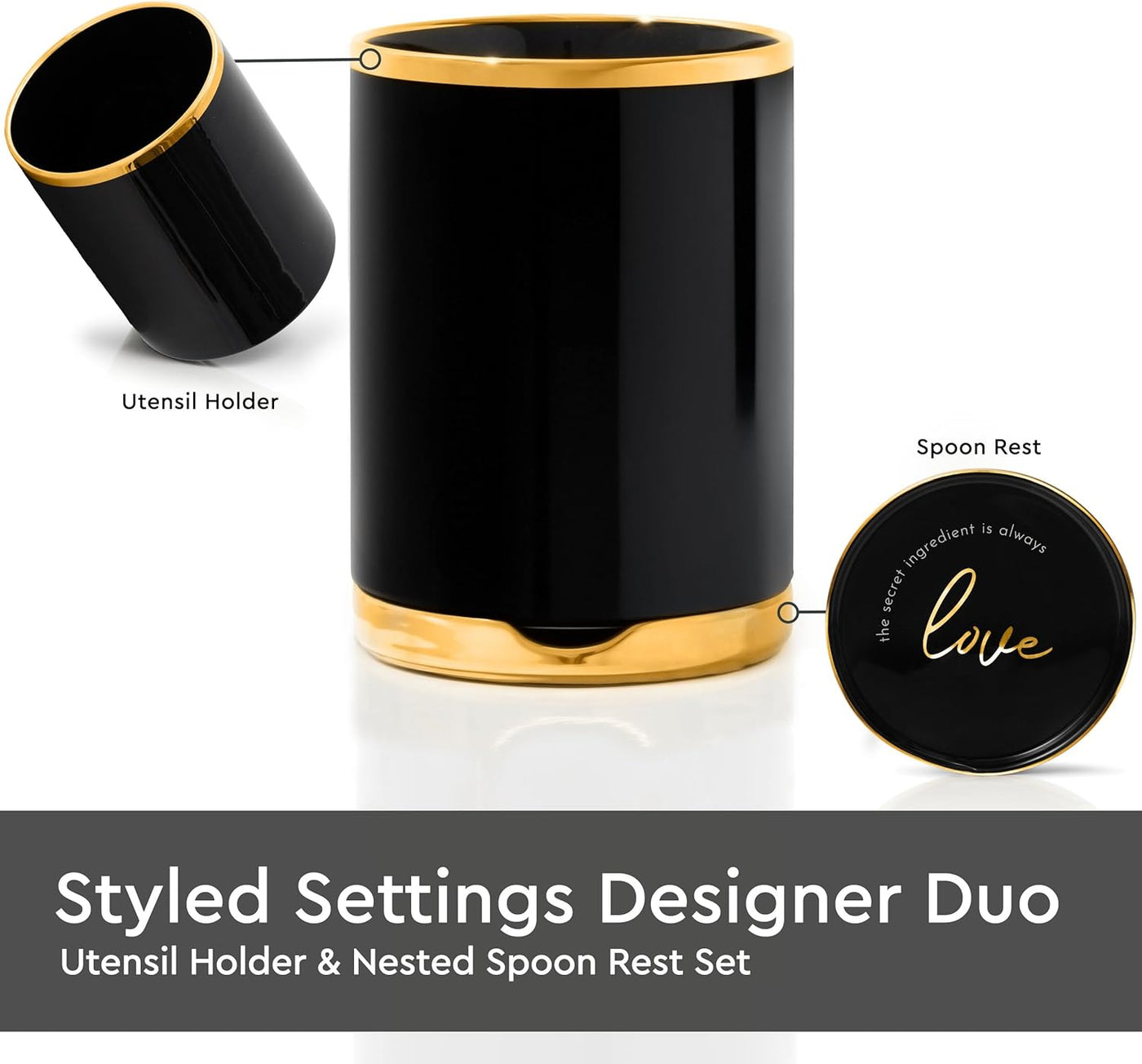 Elegant Black and Gold Ceramic Utensil Holder Set with Built-In Spoon Rest - Luxury Kitchen Accessory - Ideal for Organizing Your Cooking Utensils