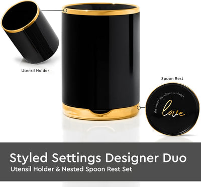 Elegant Black and Gold Ceramic Utensil Holder Set with Built-In Spoon Rest - Luxury Kitchen Accessory - Ideal for Organizing Your Cooking Utensils