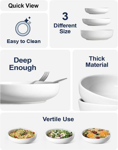 Large 45 Oz White Pasta and Salad Bowls - Set of 4 Microwave Safe 8.5 Inch Serving Bowls for Soup, Noodles, and Dinner