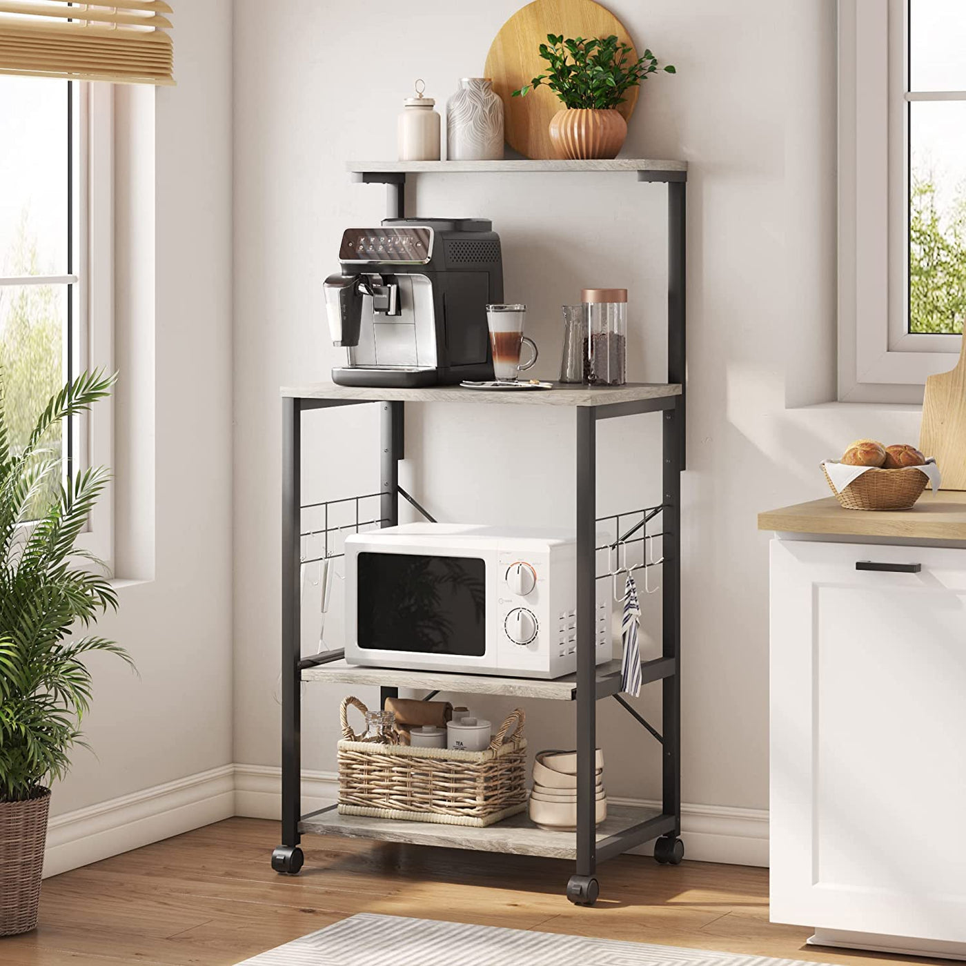 Multifunctional Kitchen Bakers Rack with Rolling Wheels - Stylish Microwave Stand & Utility Storage Cart with 10 Hooks and Adjustable Feet