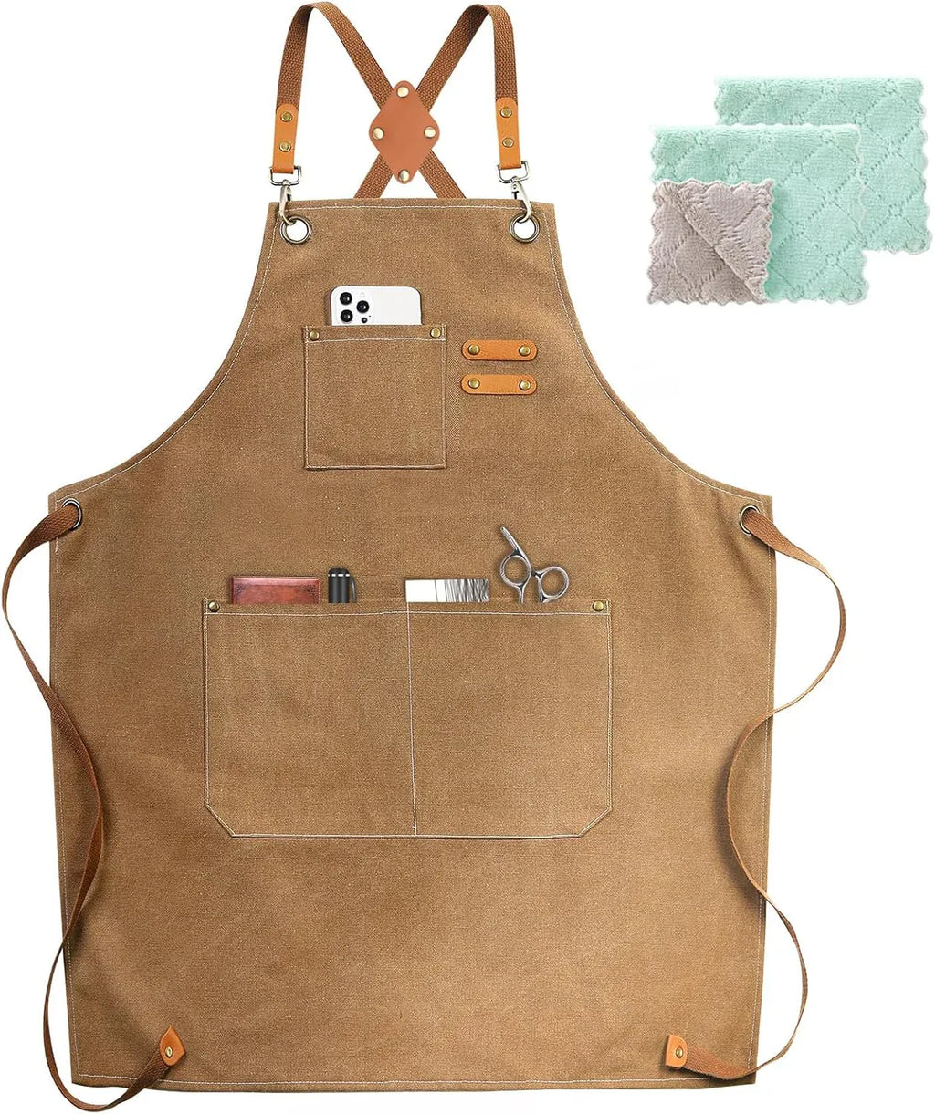 Cross Back Canvas Chef Apron – Adjustable Cotton Cooking, BBQ & Kitchen Work Apron with Pockets for Men & Women Cappuccino Brown