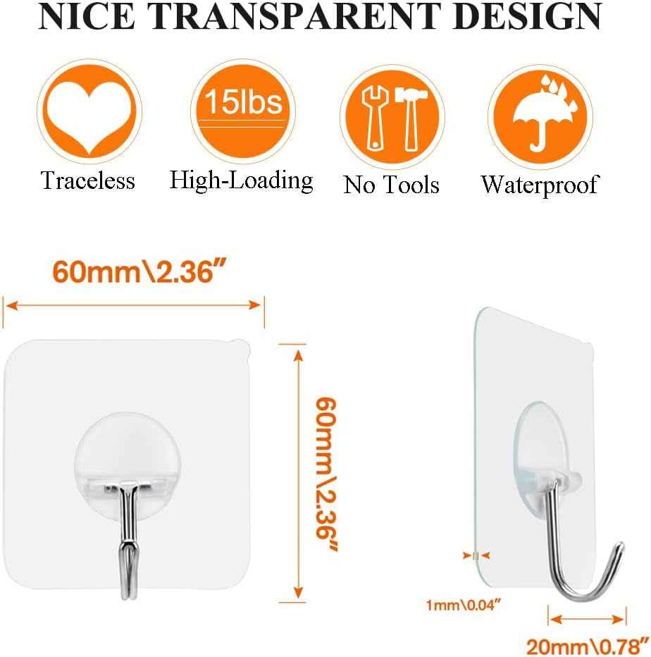 Heavy Duty Adhesive Wall Hooks 15 Pounds Max – Transparent 180° Rotating Reusable Waterproof and Oilproof – 10 Packs - GG store