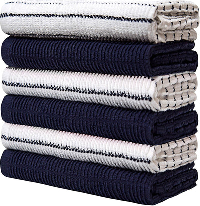 Premium Set of 6 Navy Kitchen Towels - Extra Absorbent 380 GSM Striped Chef Weave Hand Towels - Ideal for Drying Dishes and Everyday Kitchen Use