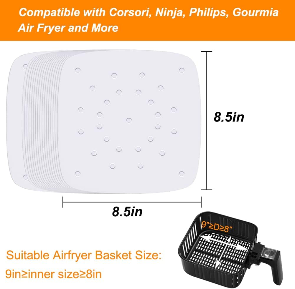 Premium Air Fryer Parchment Paper - 200 Pack, 8.5" Square Liners for Effortless Cooking & Easy Cleanup