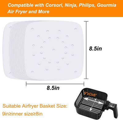 Premium Air Fryer Parchment Paper - 200 Pack, 8.5" Square Liners for Effortless Cooking & Easy Cleanup