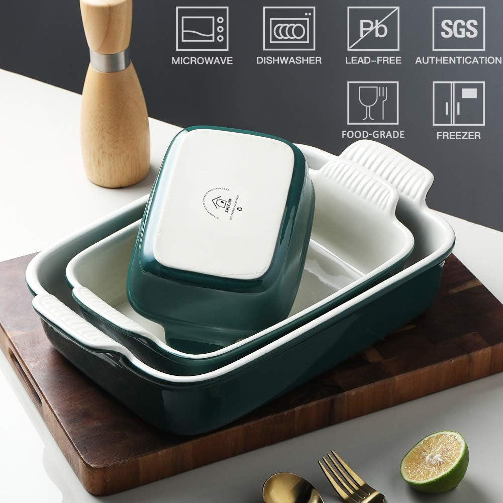 Versatile Ceramic Baking Pans Set - 9x13 Rectangular Casserole Dishes with Handles, Durable Lasagna Pans for Kitchen, Banquet, and Wedding Gifts (Jade)