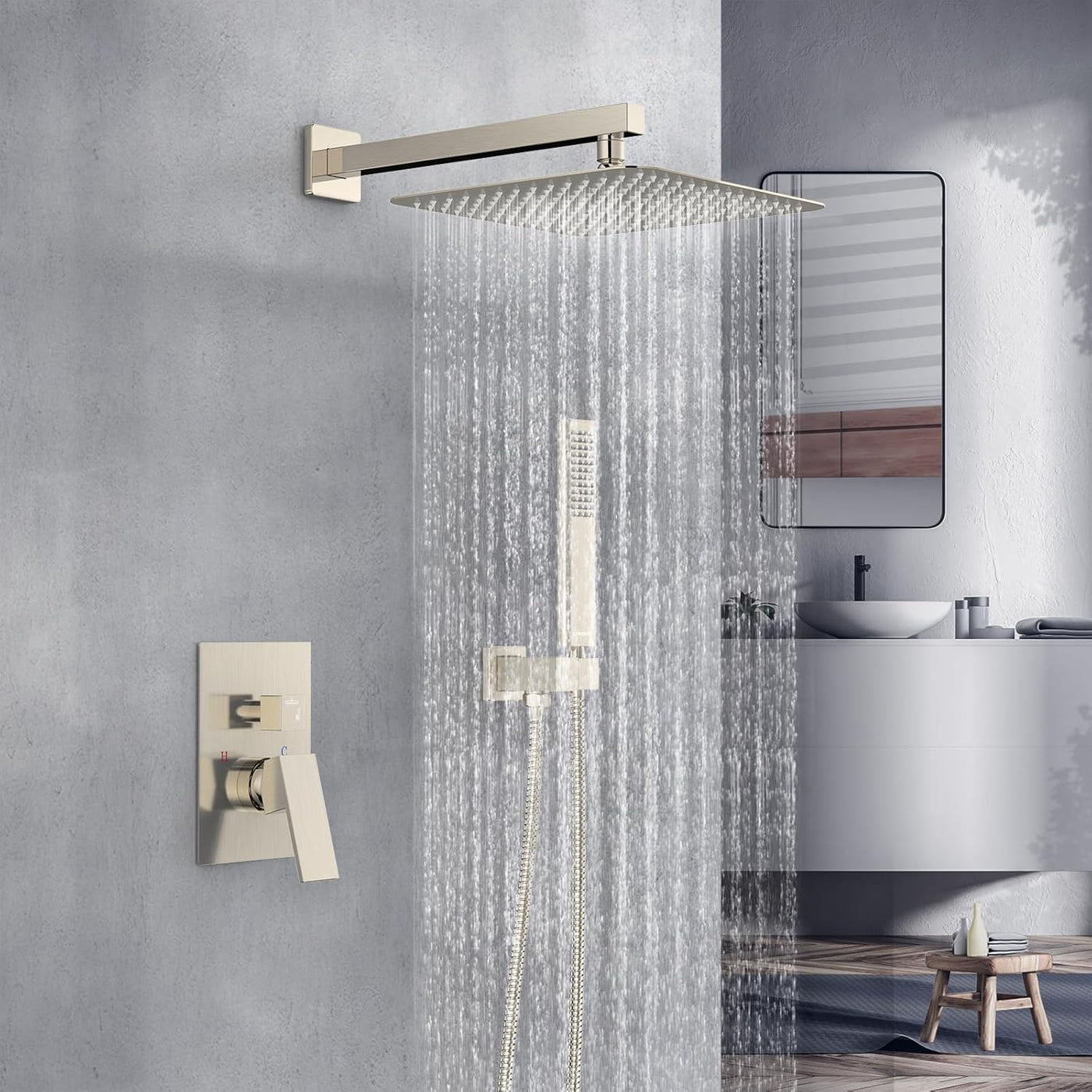 Rain Shower System Sets Faucet:  10 Inch Overhead Rainhead Shower Combo Set with Handheld and Valve-Luxury Modern Mixer Rainfall Brushed Nickel Shower Faucets Sets Complete - GG store