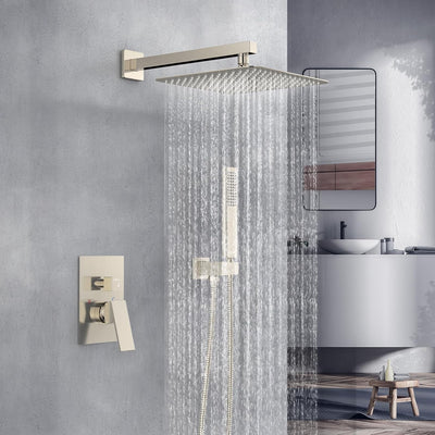 Rain Shower System Sets Faucet:  10 Inch Overhead Rainhead Shower Combo Set with Handheld and Valve-Luxury Modern Mixer Rainfall Brushed Nickel Shower Faucets Sets Complete - GG store