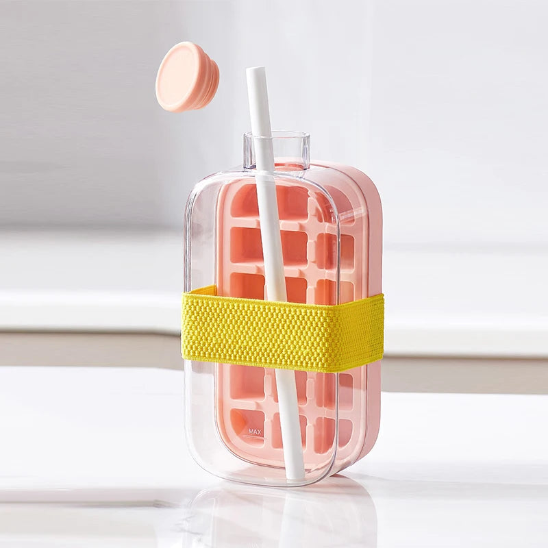 Cavira 2-in-1 ice cube maker bottle with lid and straw, portable press ice tray kettle for home, office, and travel use