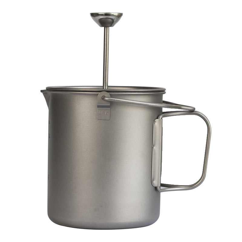 Pure titanium French press with 750ml capacity, lightweight design, antibacterial finish, ideal for coffee and tea at home or camping.