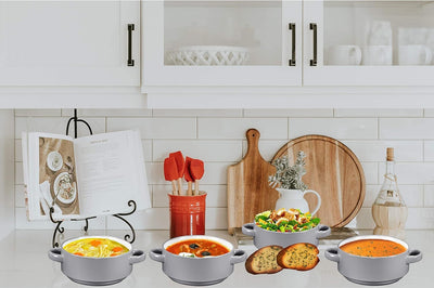 Large 19 Oz Ceramic Soup Bowls with Handles - Set of 4 Stylish Grey French Onion Crocks for Serving, Cereal, or Home Décor