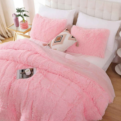 Fluffy Queen Comforter Set, Faux Fur Pink Comforter Set Queen Size, Luxury Fuzzy Bedding Set, Soft Shaggy Bed Set Pink for All Season, 3 Pieces - 1 Comforter & 2 Pillowcases - GG store