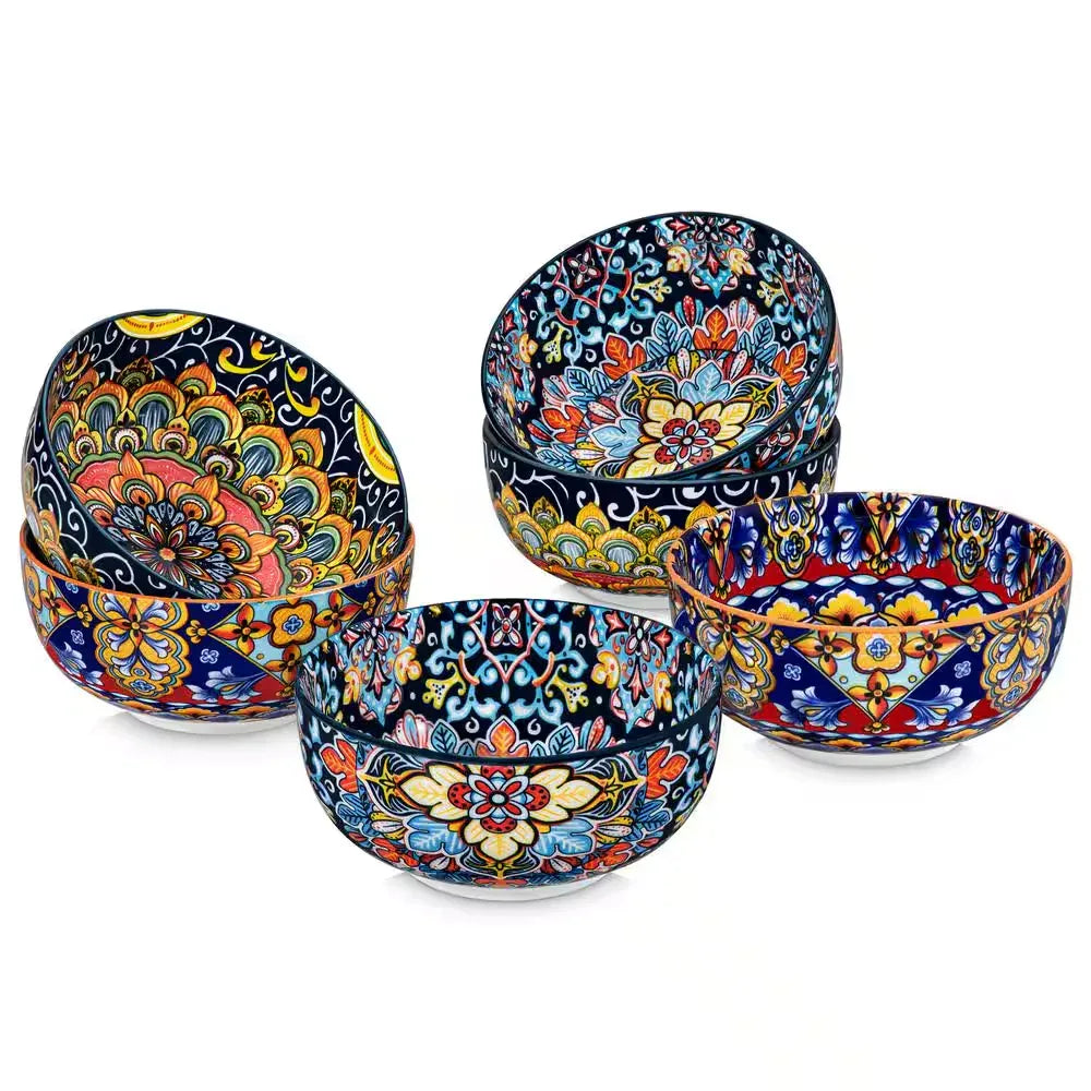 Modern Porcelain Cereal & Soup Bowl Set – Black Orange Elegant Dining Bowls (Set of 6) Assorted Colorsb