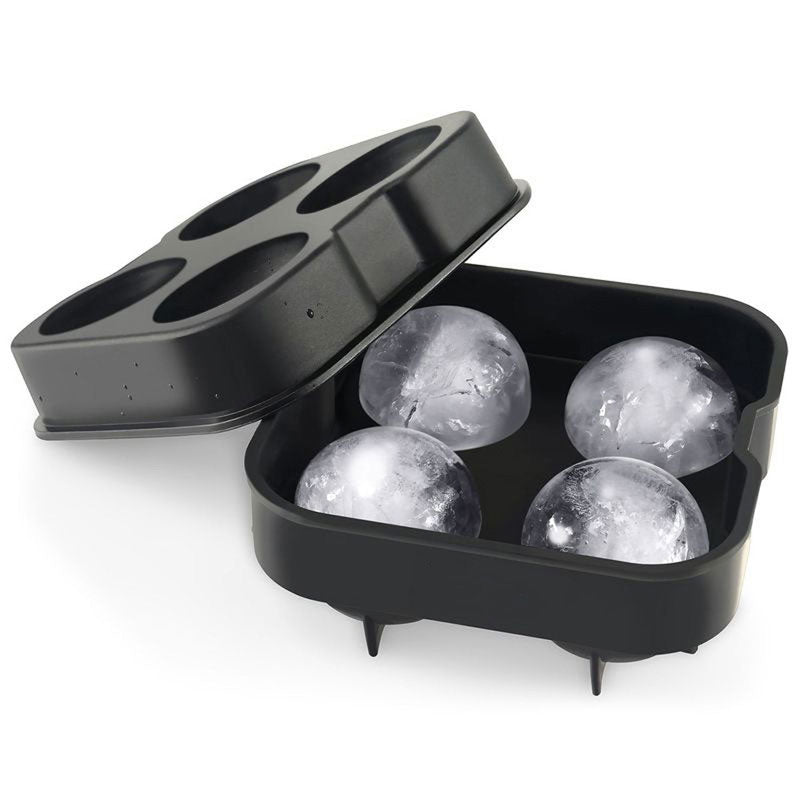 Cavira 4-cavity silicone ice ball mold with four 4.5cm large ice spheres, leak-proof tray for whiskey and cocktails.