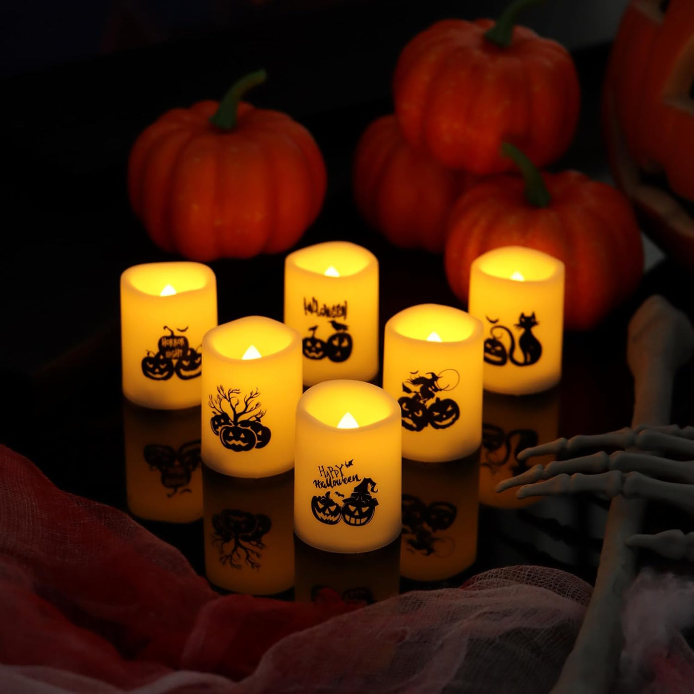Set of 6 Pumpkin Decor Flameless LED Votive Candles - Realistic Flickering Battery Operated Lights for Halloween Magic! Batteries Included!