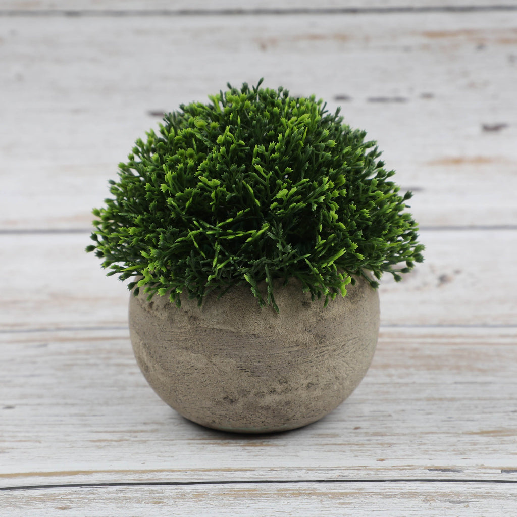 Artificial bonsai desktop plant in a semi-round pulp pot with faux grass and botanical arrangement, ideal for home or office decor.