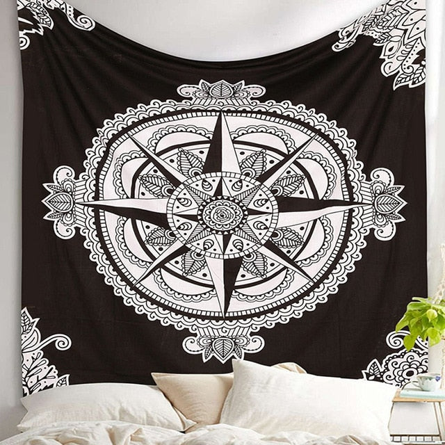 Bohemian mandala floral wall hanging tapestry by Cavira, square boho home decor for bedroom and living room walls.