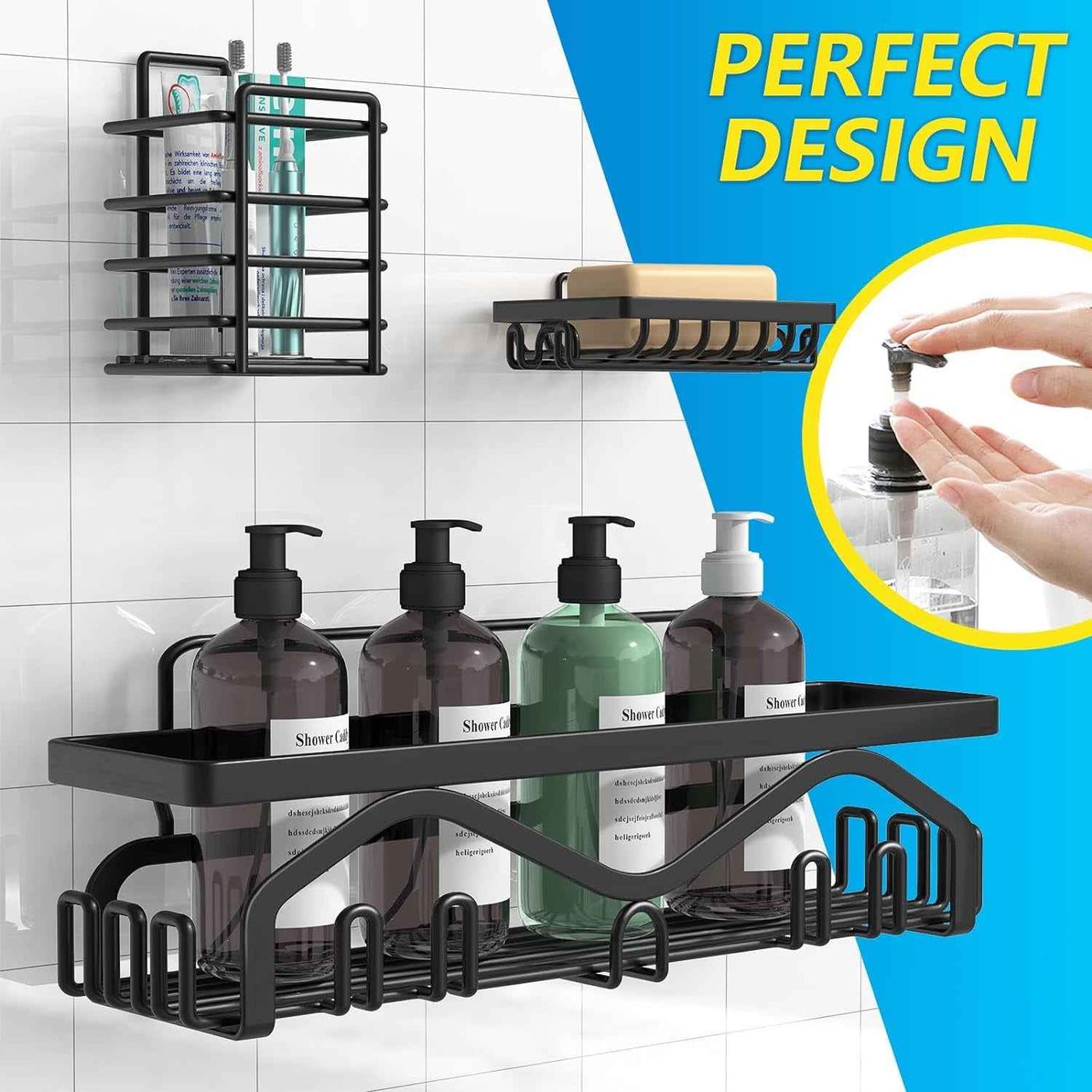 Shower Caddy, Shower Shelves [5-Pack], Adhesive Shower Organizer No Drilling, Large Capacity, Rustproof Stainless Steel Bathroom Shower Organizer, Shower Shelf for inside Shower, Black. - GG store