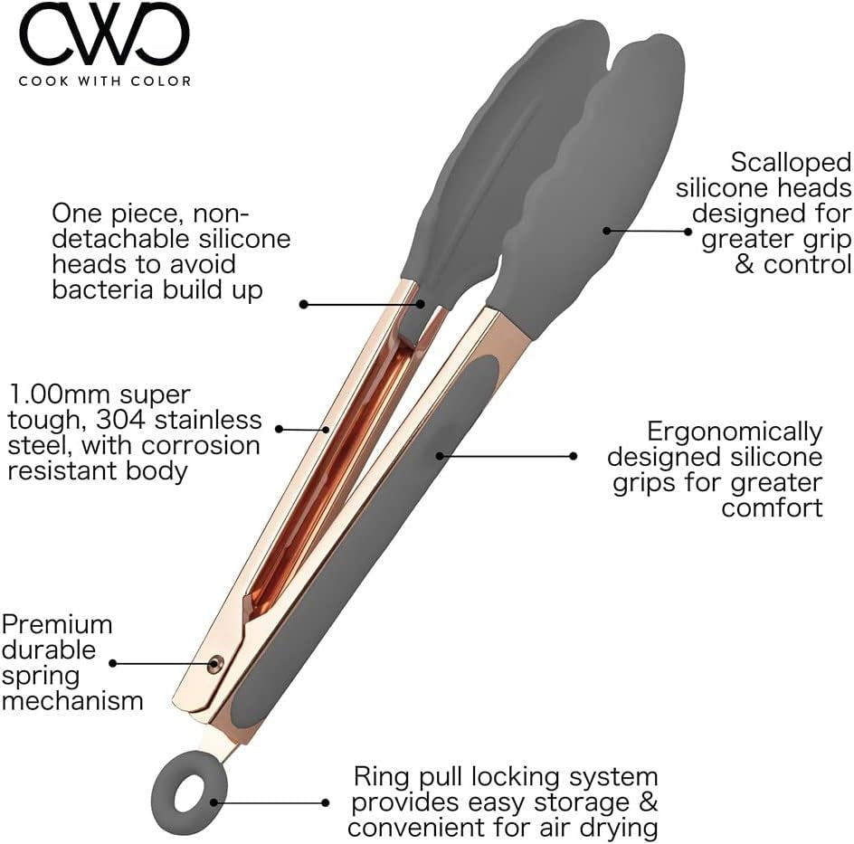 Stylish Stainless Steel Silicone Tipped Tongs Set - 9” & 12” - Perfect for Non-Stick Cookware, BBQ & Cooking - BPA Free, Sturdy, Locking Design in Rose Gold & Gray