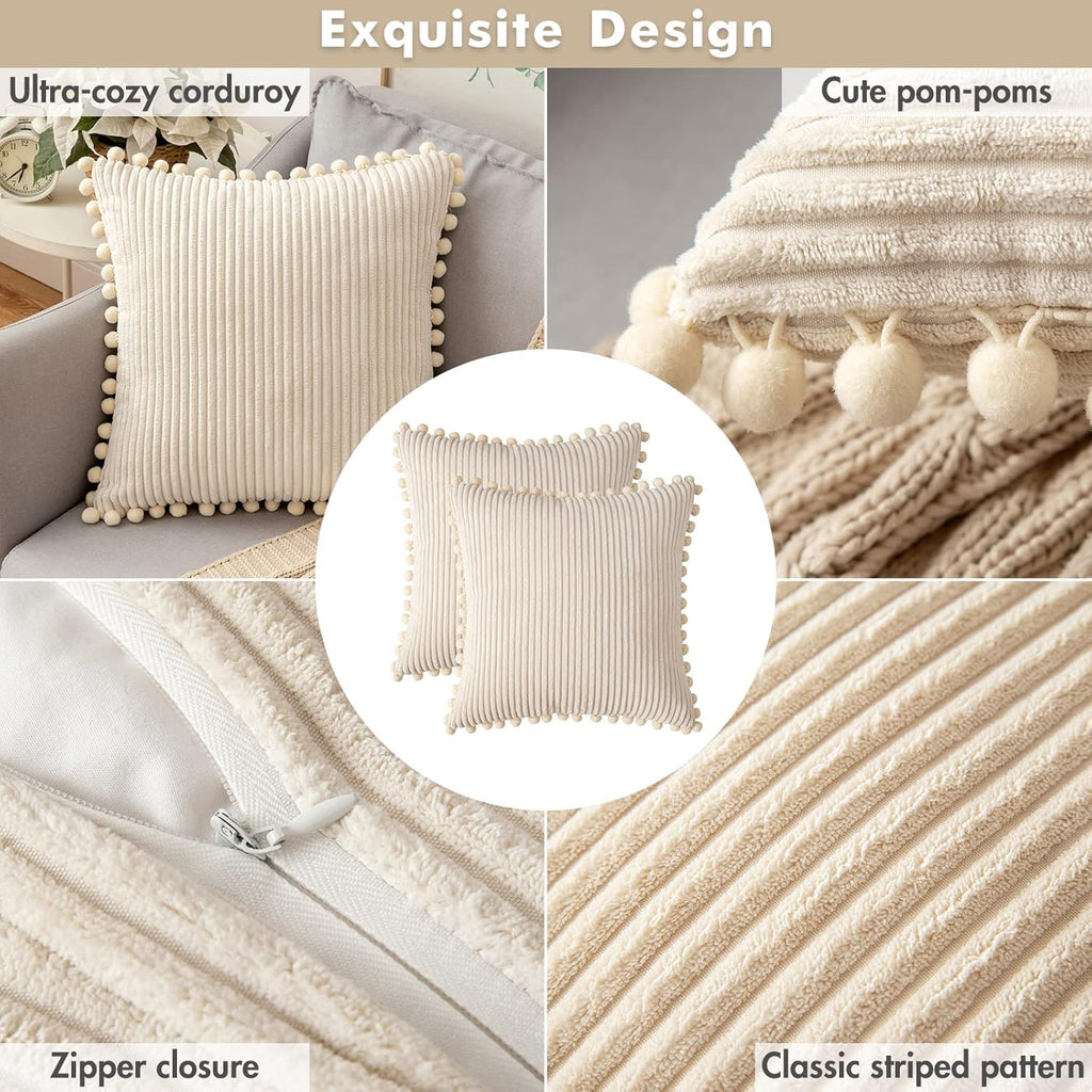 Boho Corduroy Throw Pillow Covers with Pom Poms – Soft Decorative Cushion Covers 18x18 Set of 2