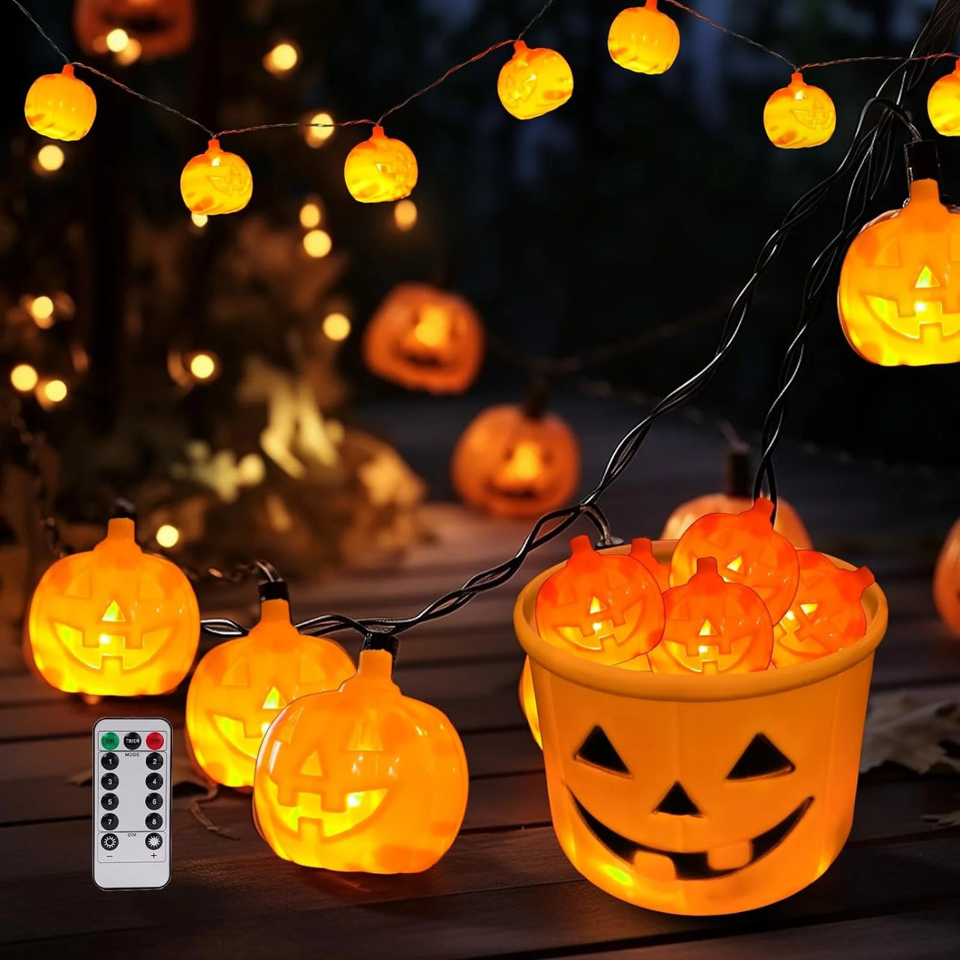 Spooktacular Halloween Pumpkin String Lights with Candy Bucket - 30 LED, 16.4Ft, 8 Modes, Waterproof Jack-O-Lantern Decor for Indoor & Outdoor Fun!