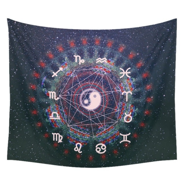 Colorful Mandala Boho tapestry wall hanging by Cavira, psychedelic beach-themed throw and travel rug for bedroom or outdoor decor.