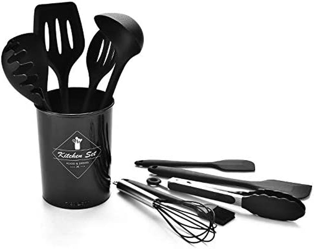 Premium Heat-Resistant Silicone Kitchen Utensil Set with Stylish Black Holder - Non-Stick Cooking Tools
