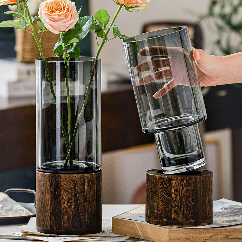 Wooden glass vase with smoke grey finish by Cavira, rustic Nordic decor flower vase for living room and dining table.