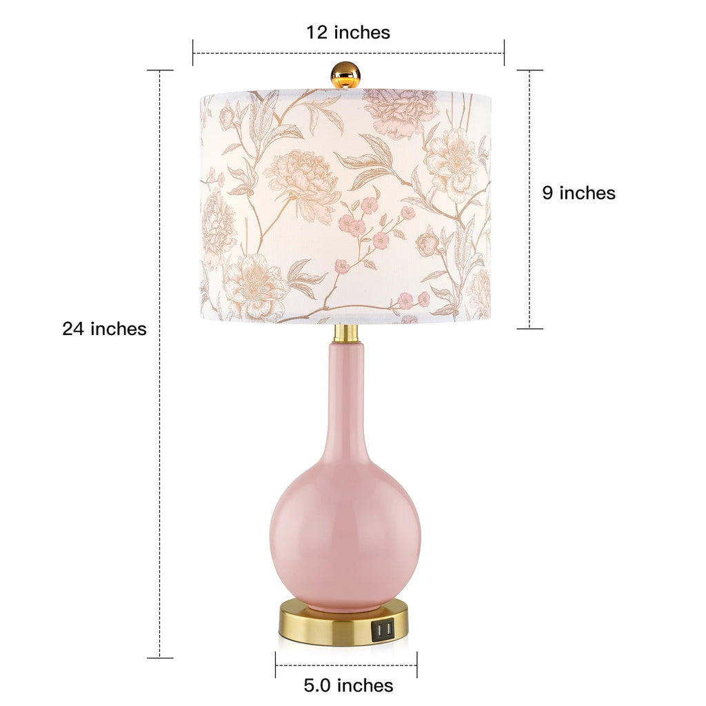 Pink Ceramic Table Lamp with USB Ports – 3-Way Dimmable Touch Bedside Lamp with Floral Shade