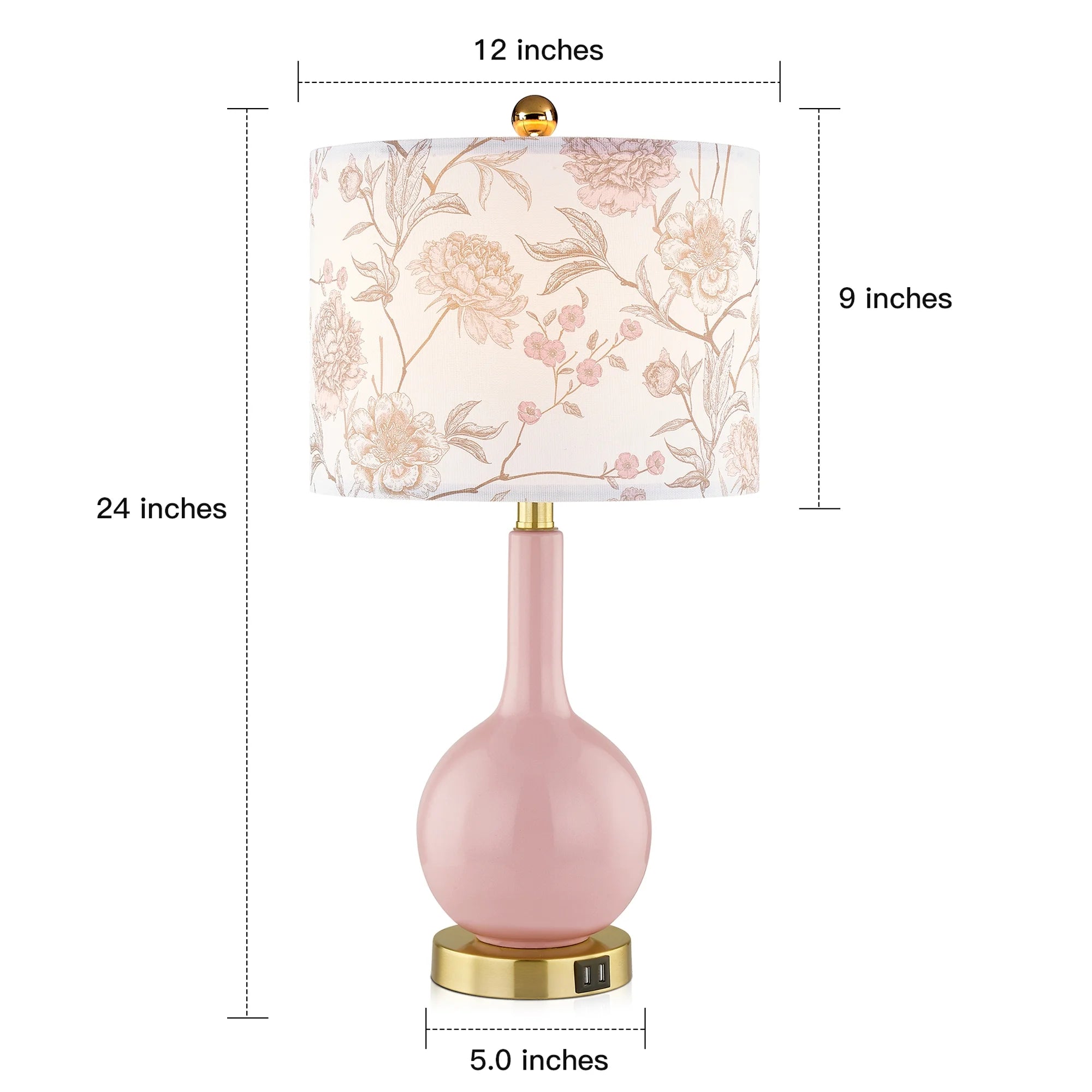Pink Ceramic Table Lamp with USB Ports – 3-Way Dimmable Touch Bedside Lamp with Floral Shade