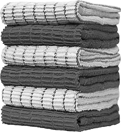 Premium Pack of 6 Extra Absorbent Grey Kitchen Towels - Striped Chef Weave, Large 380 GSM Dish Drying Towels