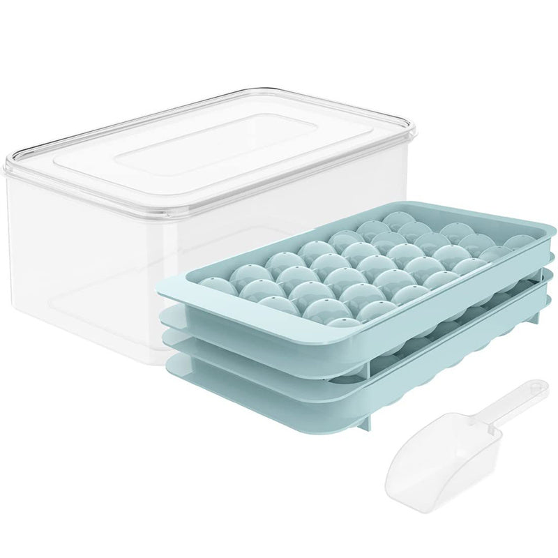 Cavira 33-grid round ice cube tray with lid in blue and pink, producing 33 round ice balls for cocktails and cold beverages