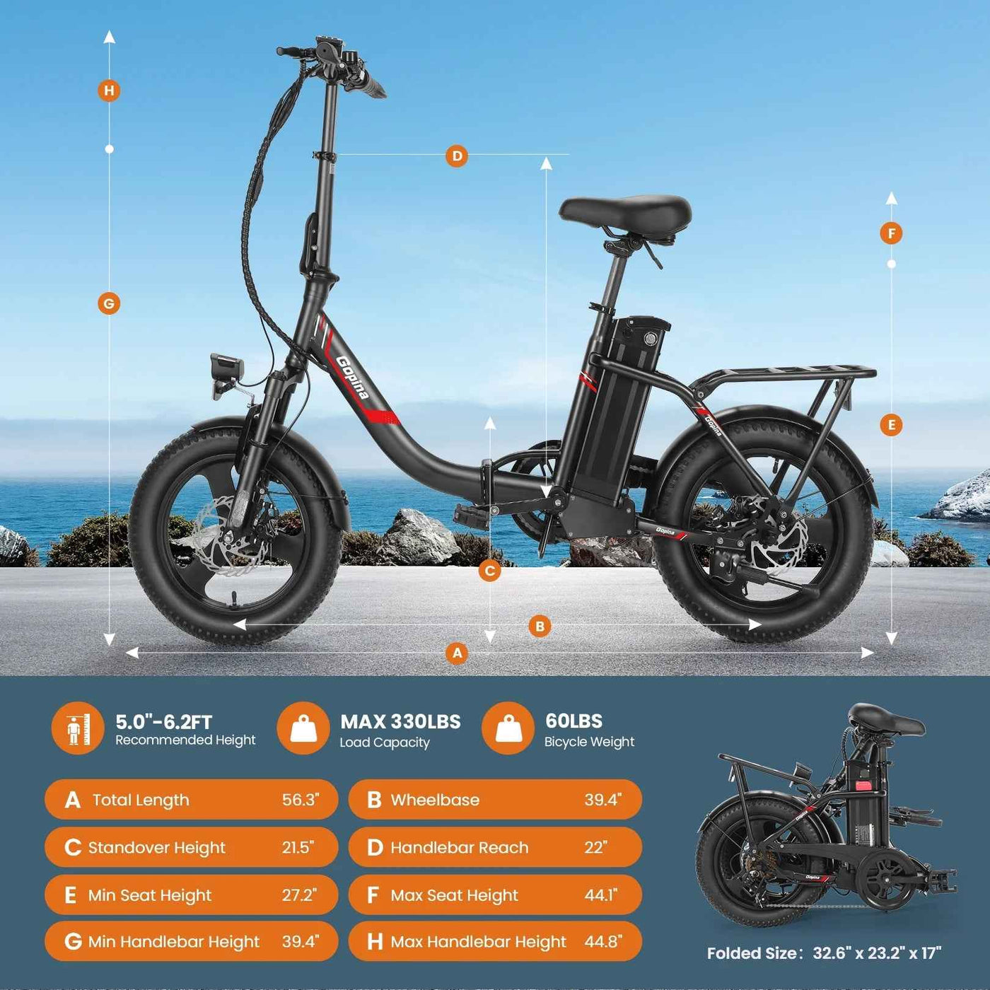 Electric Bike 16" X 3.0 Fat Tire 48V 350W Folding Cruiser Step-Through Commuter - 16 Inch Fat Tire Electric Bike 19.8MPH UL2849 Certified - GG store