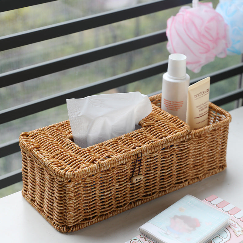 Dark and light rattan-style plastic storage box for tissues and remote controls, 31x13x9cm, eprolo Cavira multifunctional organizer